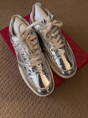 Tory Sport Silver Metallic Lace-Up Sneakers